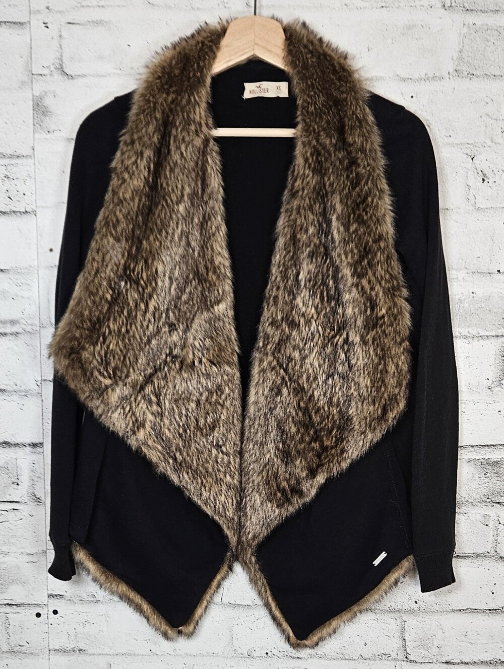 Hollister Faux Fur Draped Cardigan XS Black Waterfall Collar Cozy Jacket